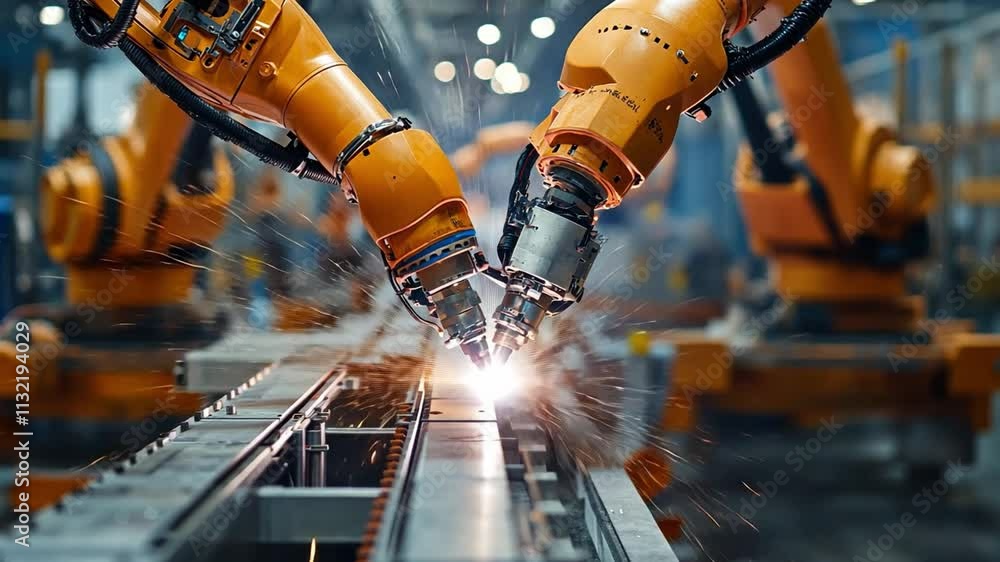 Poster industrial automation: robotic arms at work: a close-up view of robotic arms working in a manufactur