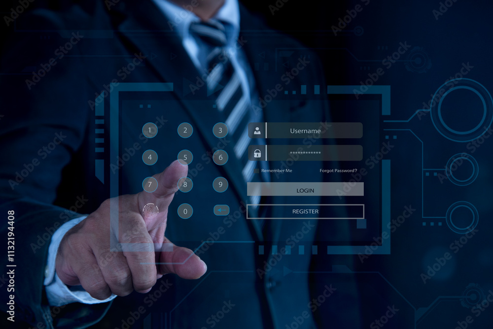Poster businessman pressing modern touch screen buttons. username and password login, password to enter the