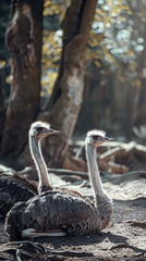 Two Ostriches Relaxing on the Ground in an African Zoo