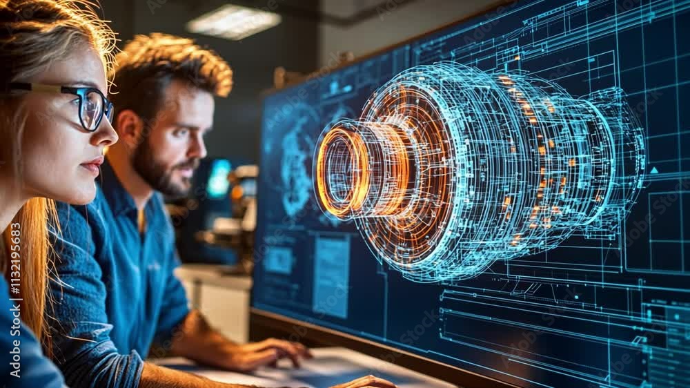 Poster engineering innovation: a focused team of engineers collaborates on a cutting-edge design, their fac
