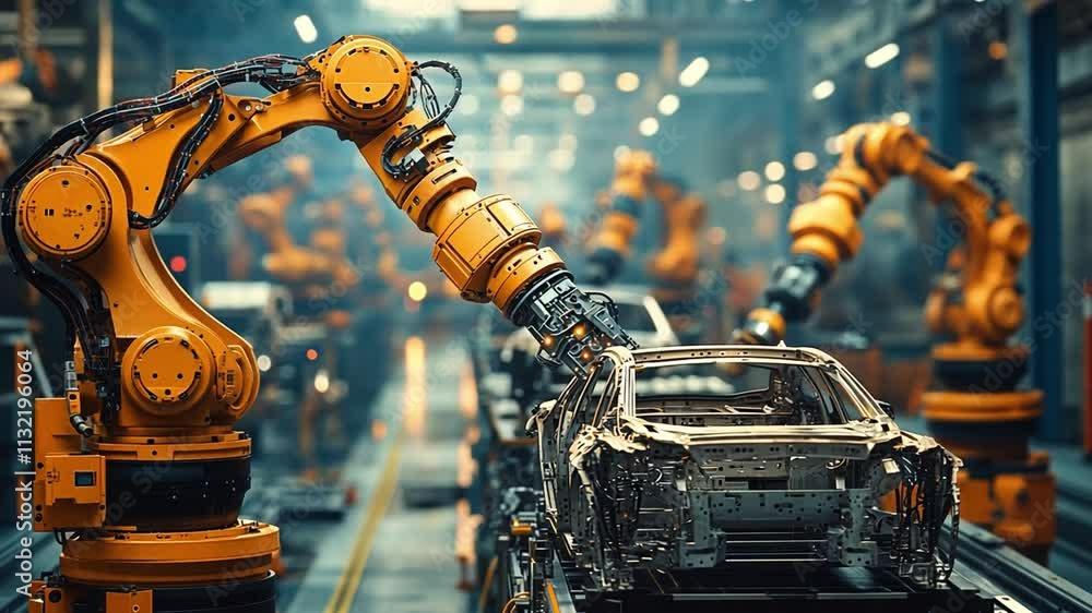 Poster automated assembly line: industrial robots work diligently in a futuristic factory setting, showcasi