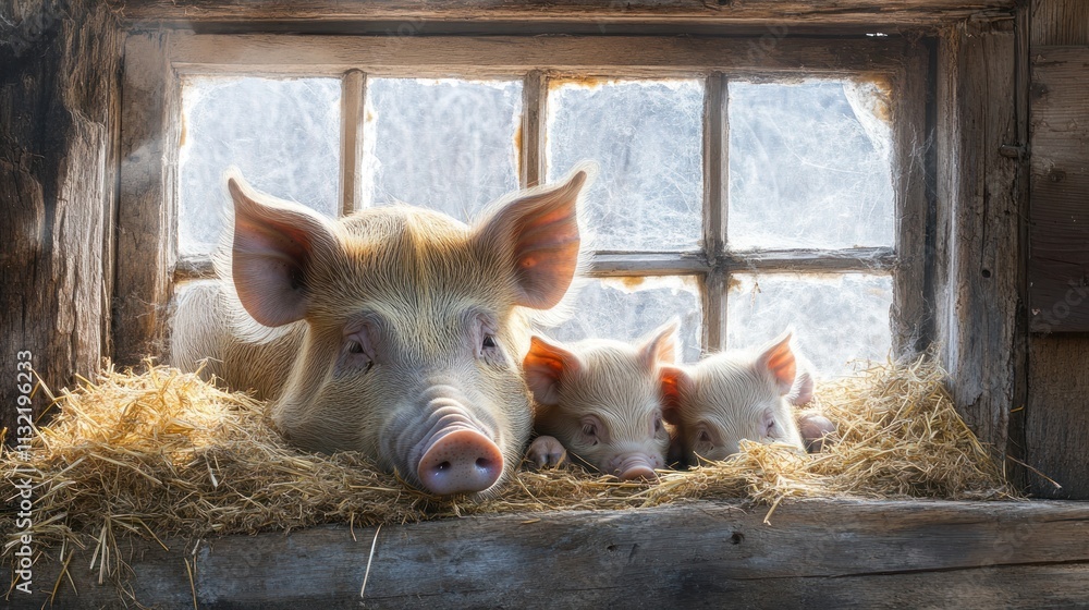 Poster a mother pig and her piglets resting in a rustic window setting with straw.