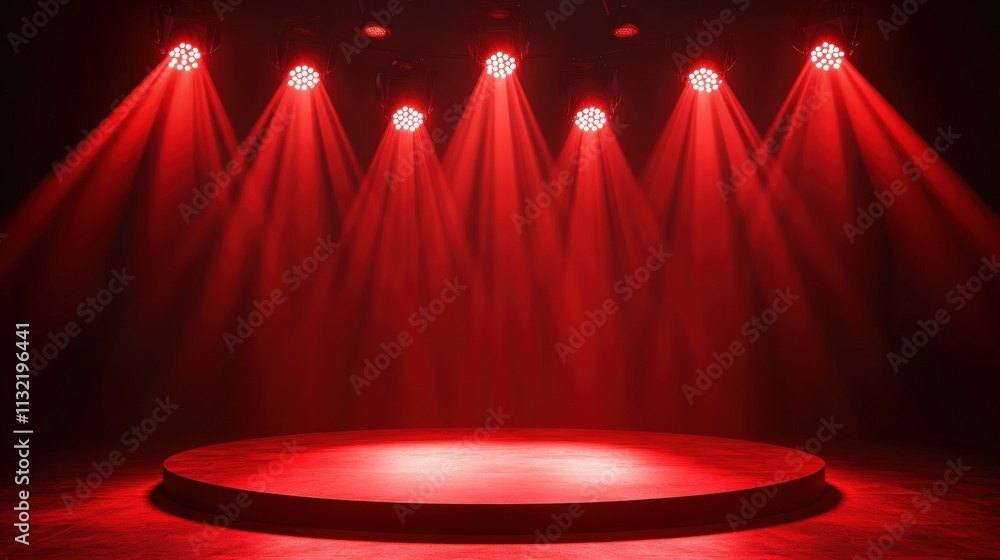 Poster bright red spotlight lighting on circular podium with simple background for event, presentation, or 