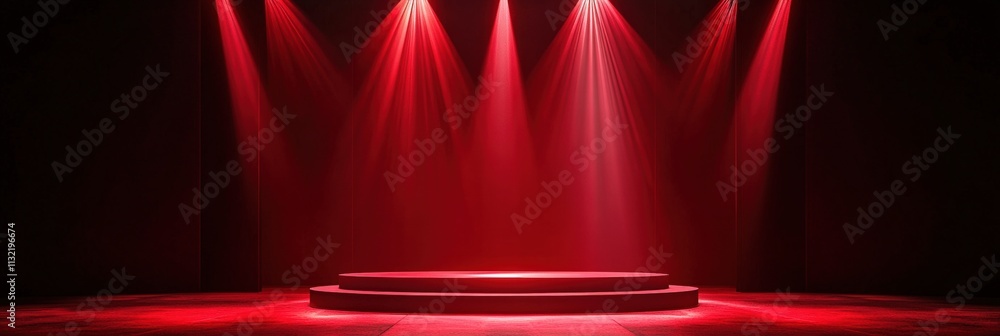 Poster minimalist red stage podium with bright spotlighting on simple red background for presentations and 