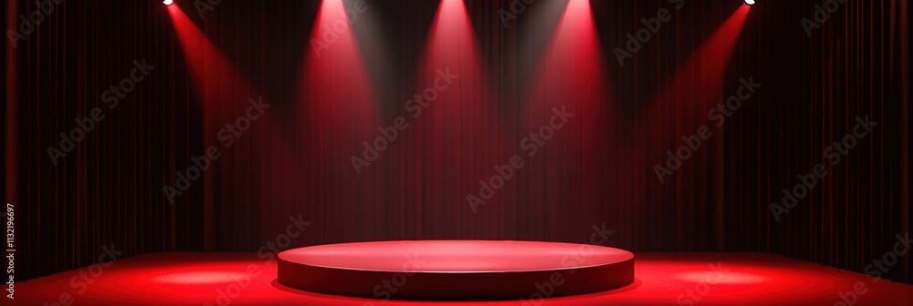 Poster simple red podium with soft lighting on a red background suitable for presentations or performances 