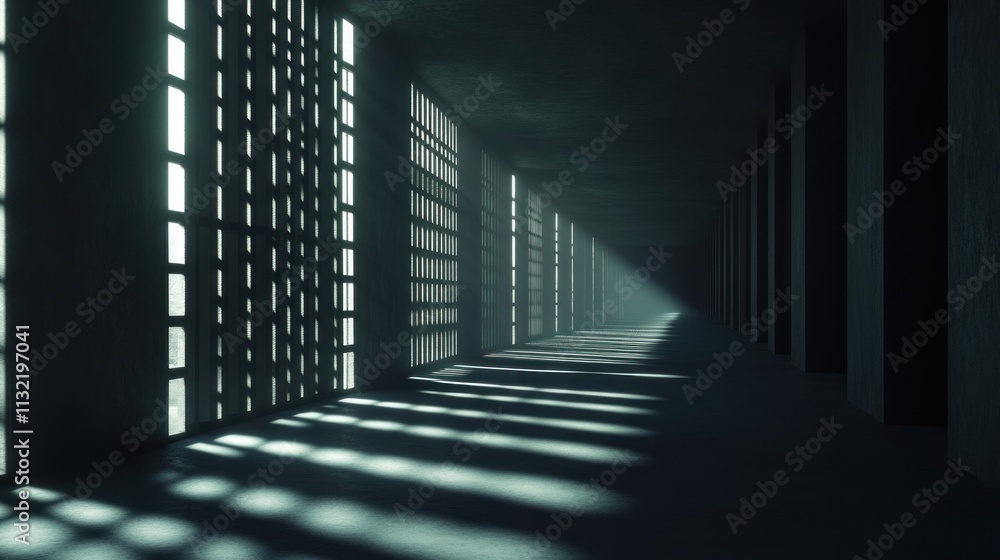 Poster dark corridor with light streaming through windows