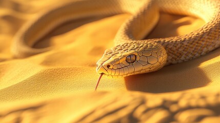 A close-up of a beautiful yellow snake on a sandy surface. This captivating reptile showcases fine details and textures in its scaly skin in the warm light of a desert scene.