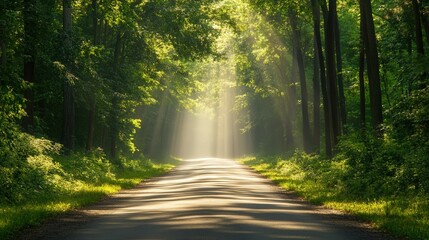 Obraz premium A straight road cuts through the heart of a pine forest, surrounded by lush greenery, with sunlight dappling the road with patches of light