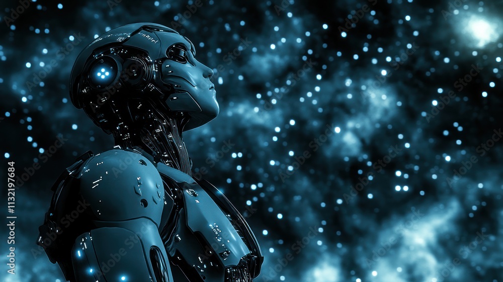 Poster advanced android gazing at a starry cosmos