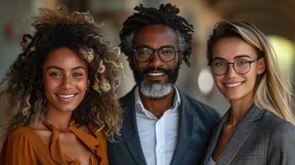 Fototapeta premium Diverse business team posing together, smiling confidently.