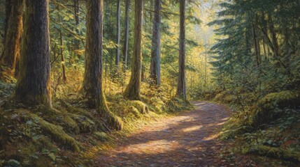 Serene forest path through tall trees and lush greenery. A peaceful trail inviting you to explore the beauty of nature and the quiet of the woods. Perfect for outdoor lovers.