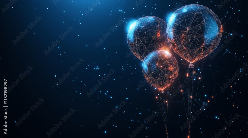Poster futuristic balloons with glowing wireframe patterns connected by thin digital lines, floating agains