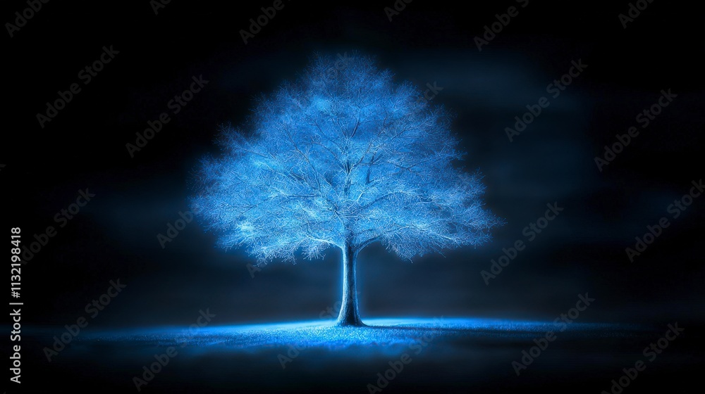 Wall mural glowing tree at night mystical dark blue nature fantasy serenity