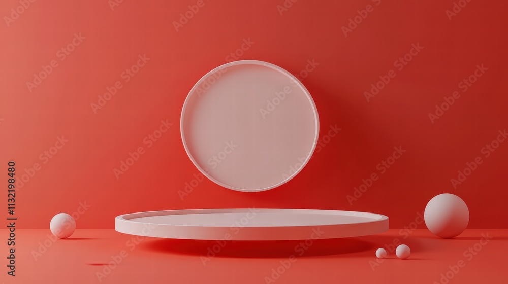 Poster minimalistic red background with floating podium and white spheres for product display, abstract sty