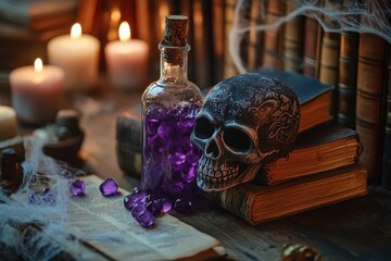 Mysterious skull-shaped bottle containing purple poison enchanted library setting still life photography atmospheric mood close-up perspective eerie conceptual art for halloween decor