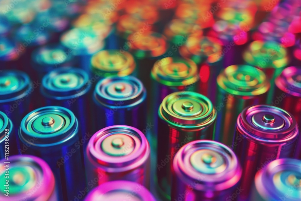 Poster colorful batteries, technology, energy, vibrant, close up view of multicolored batteries arranged in