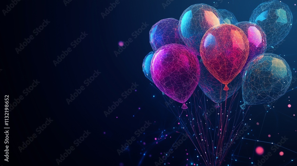 Poster neon-colored low-poly balloons clustered together, floating above a digital wireframe grid on a dark