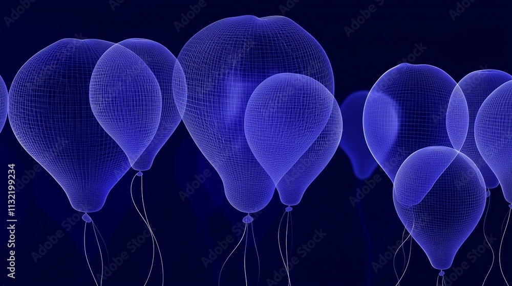 Poster Wireframe balloons resembling abstract shapes, floating above a seamless dark blue background with geometric lines intersecting, creating a modern tech vibe with space for text overlay.