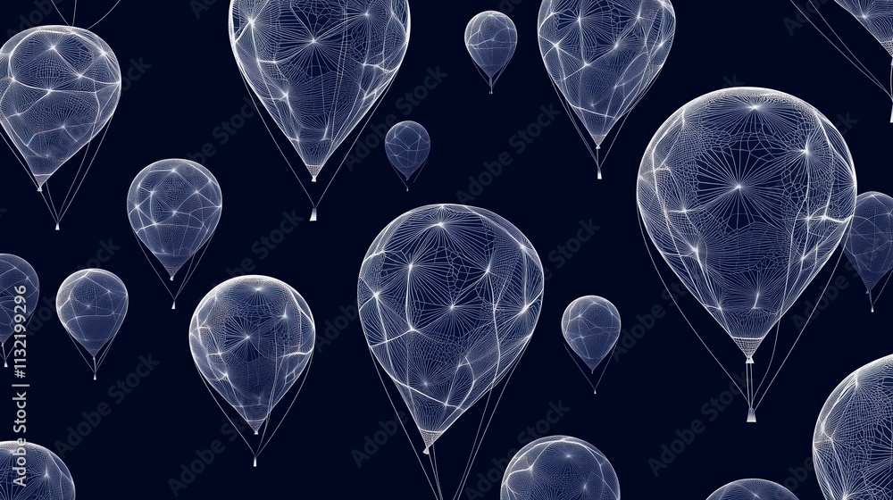 Poster Wireframe balloons resembling abstract shapes, floating above a seamless dark blue background with geometric lines intersecting, creating a modern tech vibe with space for text overlay.