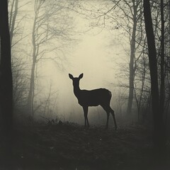Naklejka premium Silhouetted Deer Standing in a Misty Forest Clearing Mystical Foggy Mornings, Winter season, Happy New Year, Happy Christmas 