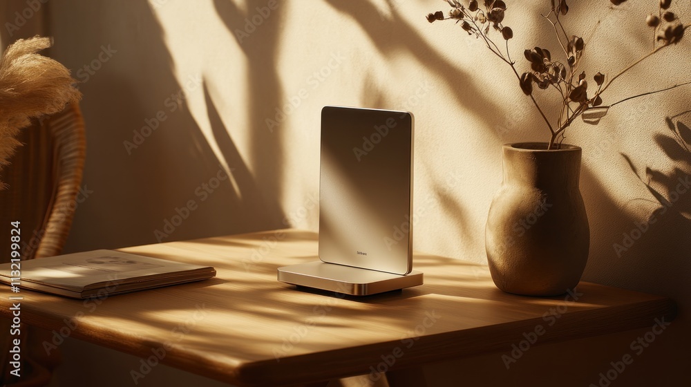Poster modern minimalist device rests on wooden table in sunlight