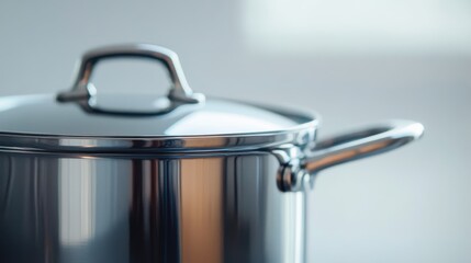 Shiny stainless steel pot with lid on a kitchen counter. Perfect for cooking delicious meals. Reflective surface adds modern elegance to your kitchen.