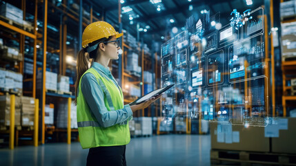 A woman in safety gear using a tablet in a warehouse with digital data overlays.