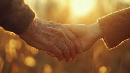 Two hands hold each other gently in warm sunlight, symbolizing love and connection between generations in a serene outdoor setting.