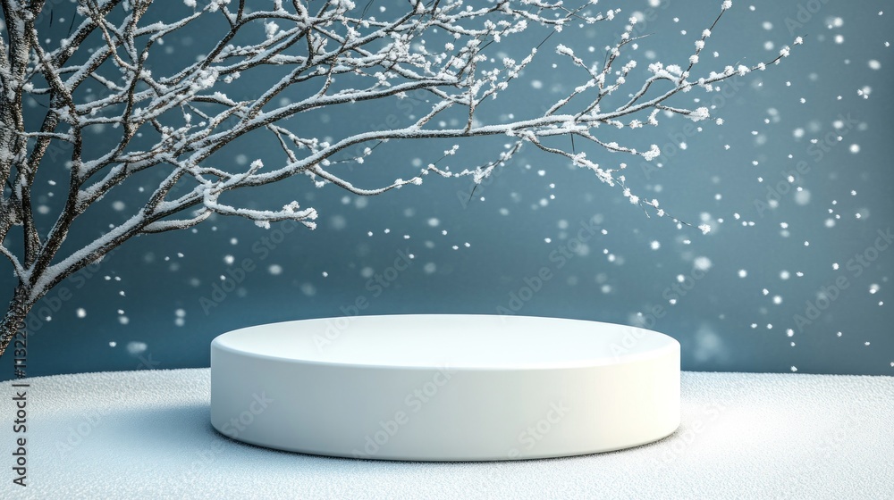 Poster A serene winter scene featuring a circular platform and a snow-covered tree in a snowy environment.