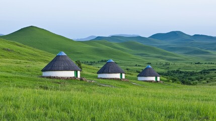 Serene African Hut Village  Rolling Green Hills Landscape