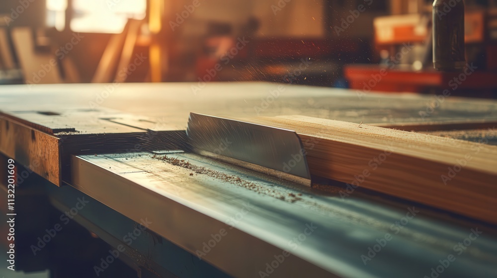 Poster a table saw set up in a workshop with a piece of lumber being pushed through the rotating blade