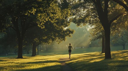 Obraz premium A person jogging through a serene park on a sunny morning, surrounded by tall trees and soft grass. The sun shines down, creating a peaceful atmosphere for exercise.
