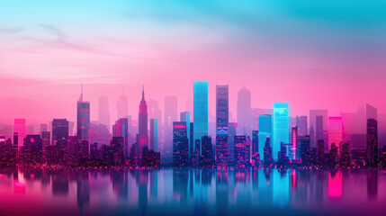 Obraz premium Vibrant City Skyline at Dusk with Neon Hues and Reflections in Water, Urban Landscape, Colorful Evening Atmosphere