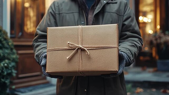 Cozy Package Delivery: A delivery person in a warm jacket carefully holds a large, rustic-wrapped package, ready for delivery.  The setting suggests a cozy autumn or winter evening.