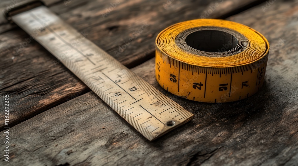 Poster a tape measure resting on a table, with the measuring tape partially extended.