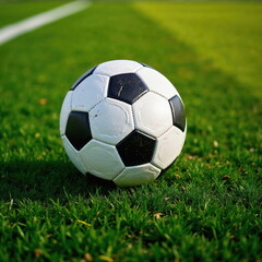 Fototapeta premium Soccer ball on green grass field near sideline. Sports, energy, and teamwork concept. Ideal for football event promotions, sports publications, and branding