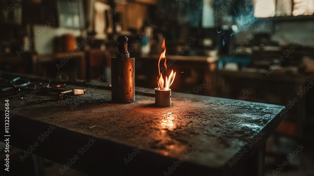 Aufkleber a torch resting on a workbench in a blacksmith shop. the image highlights its role in heating metals