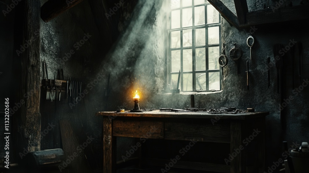 Aufkleber a torch resting on a workbench in a blacksmith shop. the image highlights its role in heating metals