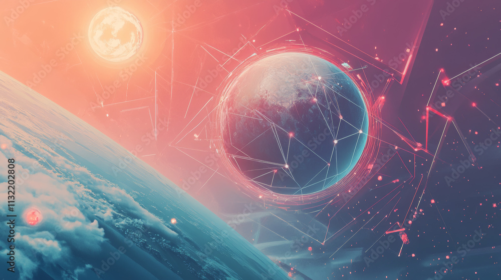 Poster abstract happy 2025 new year greeting card with planet. low poly technology style design. futuristic