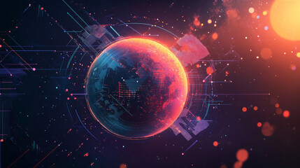 Obraz premium Abstract Happy 2025 New Year greeting card with planet. Low poly technology style design. Futuristic neon geometric background. Wireframe light connection structure. Modern 3d graphic concept. Vector.