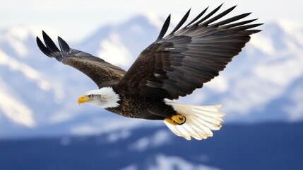 Obraz premium Majestic Bald Eagle Soaring Over Snowy Mountains