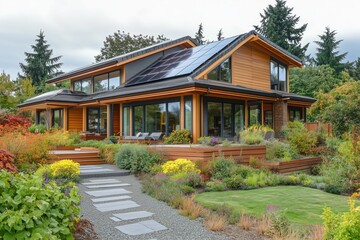 Green-conscious home with solar technology and energy-efficient windows