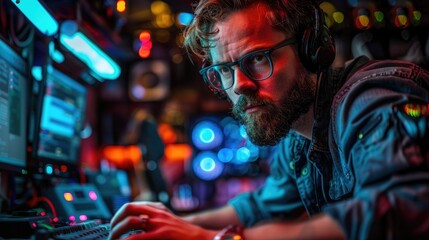 Fototapeta premium Focused gamer in a brightly lit gaming room, engrossed in a computer game.