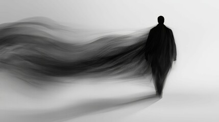 Fototapeta premium Silhouette walking, dark flowing lines trail behind.
