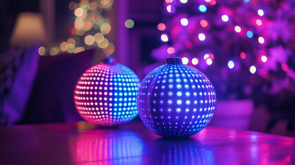Fototapeta premium Christmas ball toy in technological style. Futuristic cyber Happy New Year greeting card. Winter holiday background