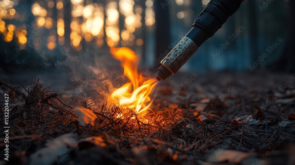 Poster a torch used by a firefighter to create controlled burns in the forest.