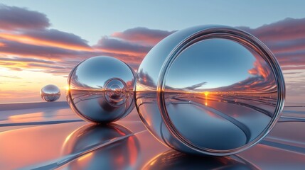 Reflective Spheres Reflecting Sunset Sky