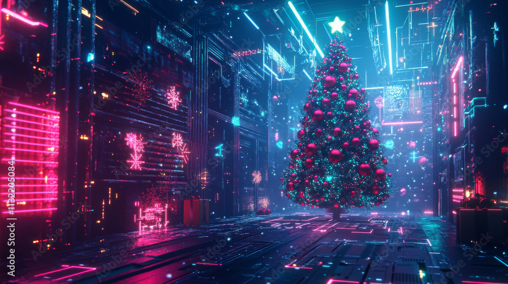Poster christmas and new year background in computer tech 3d geometric abstract style. neon isometric chris