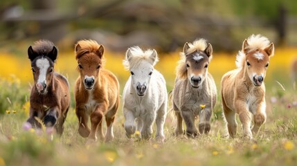 Four miniature horses galloping across a field of wildflowers.