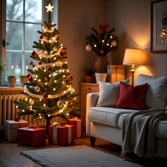 A room decorated with christmas tree with presents